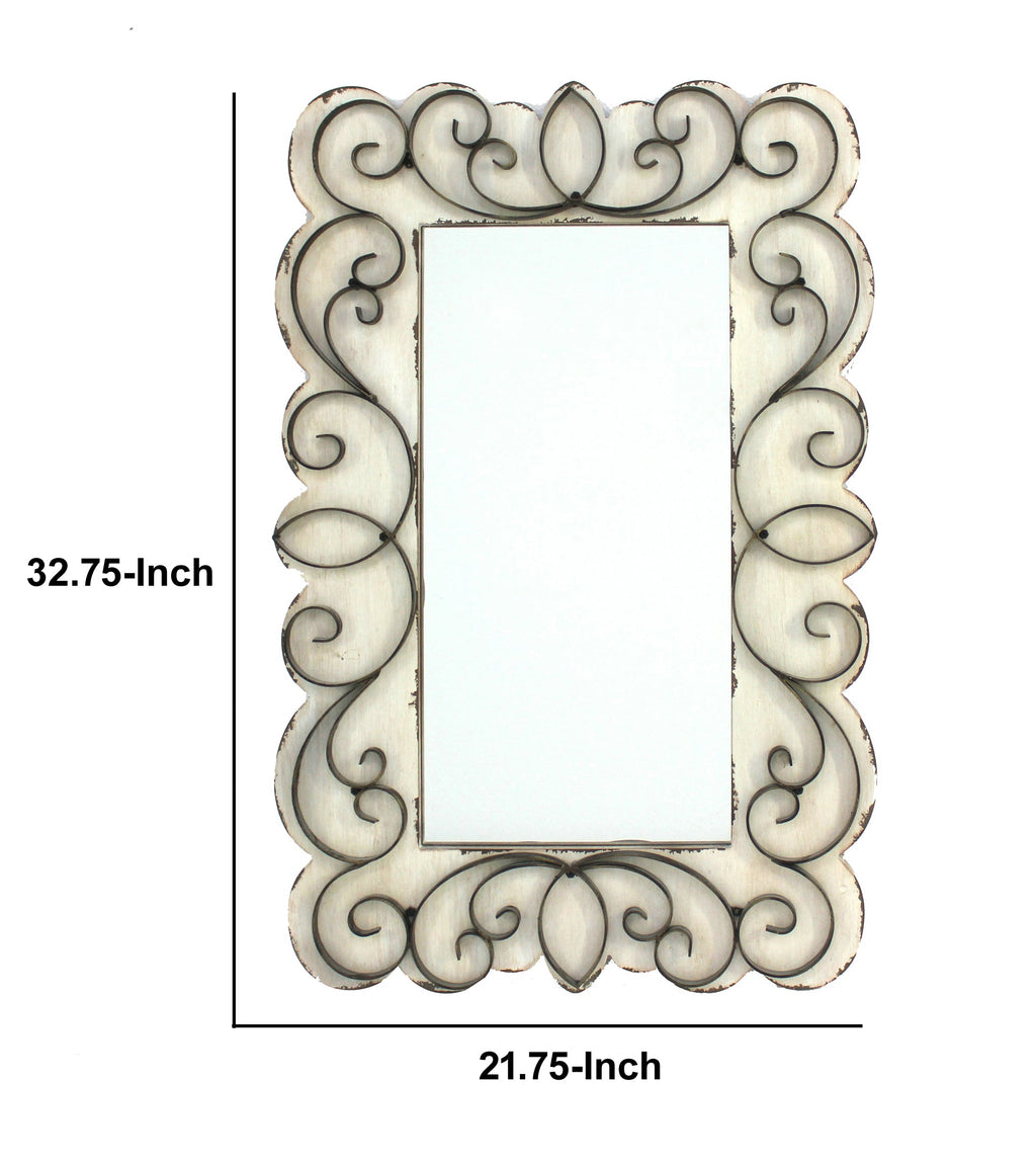 Rectangular Wall Mirror with Wooden Frame and Metal Scrolled edges, White - BM218345