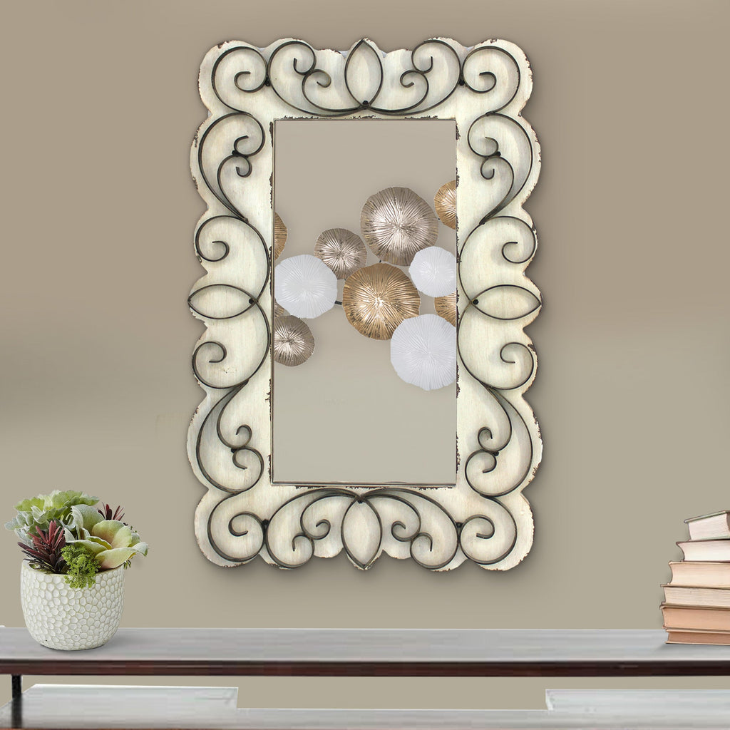 Rectangular Wall Mirror with Wooden Frame and Metal Scrolled edges, White - BM218345
