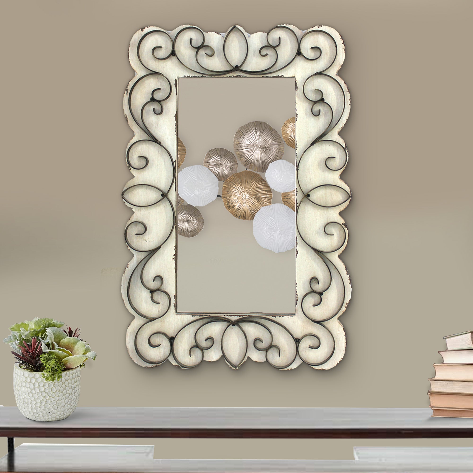 Rectangular Wall Mirror with Wooden Frame and Metal Scrolled edges, White - BM218345