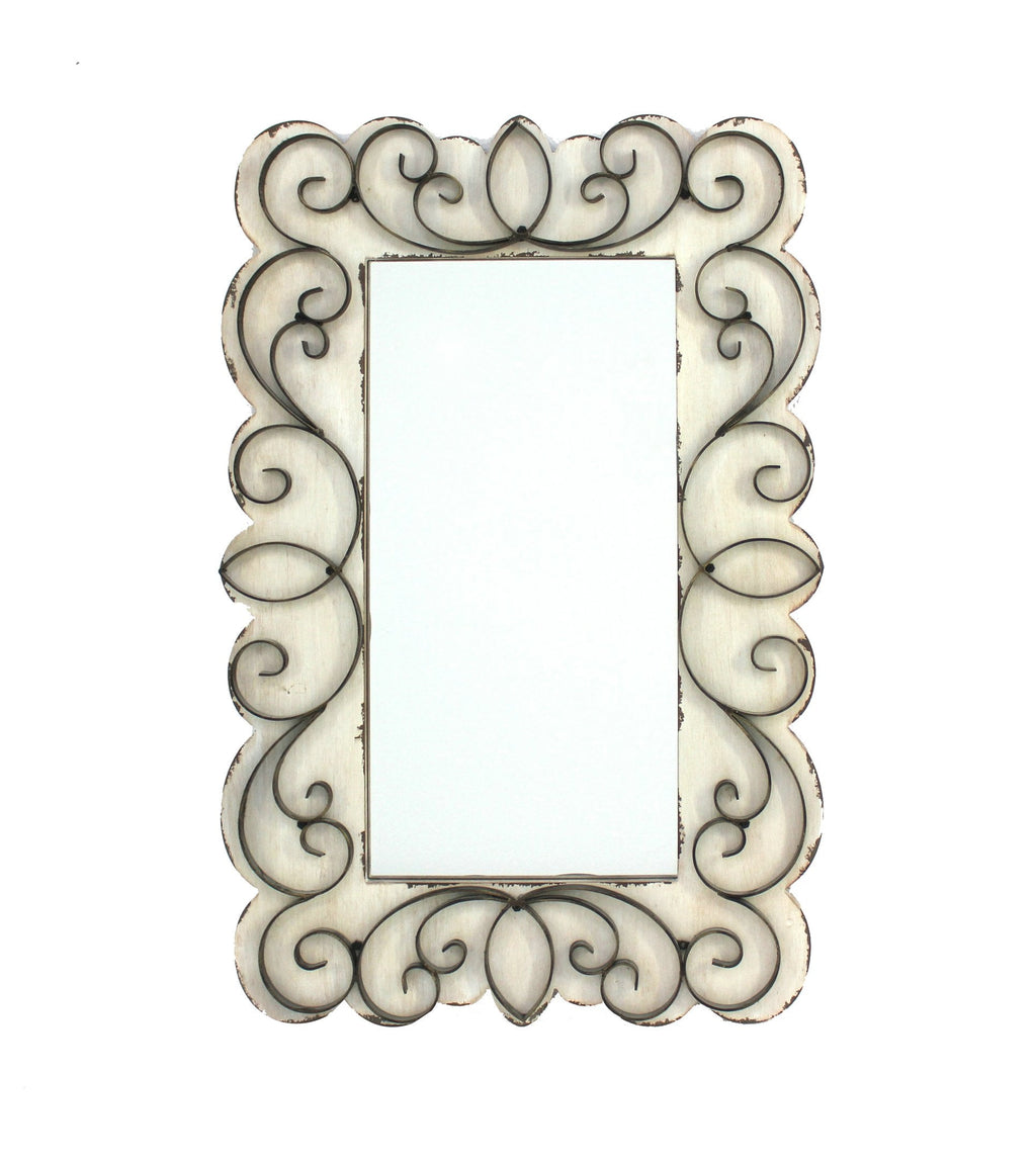 Rectangular Wall Mirror with Wooden Frame and Metal Scrolled edges, White - BM218345